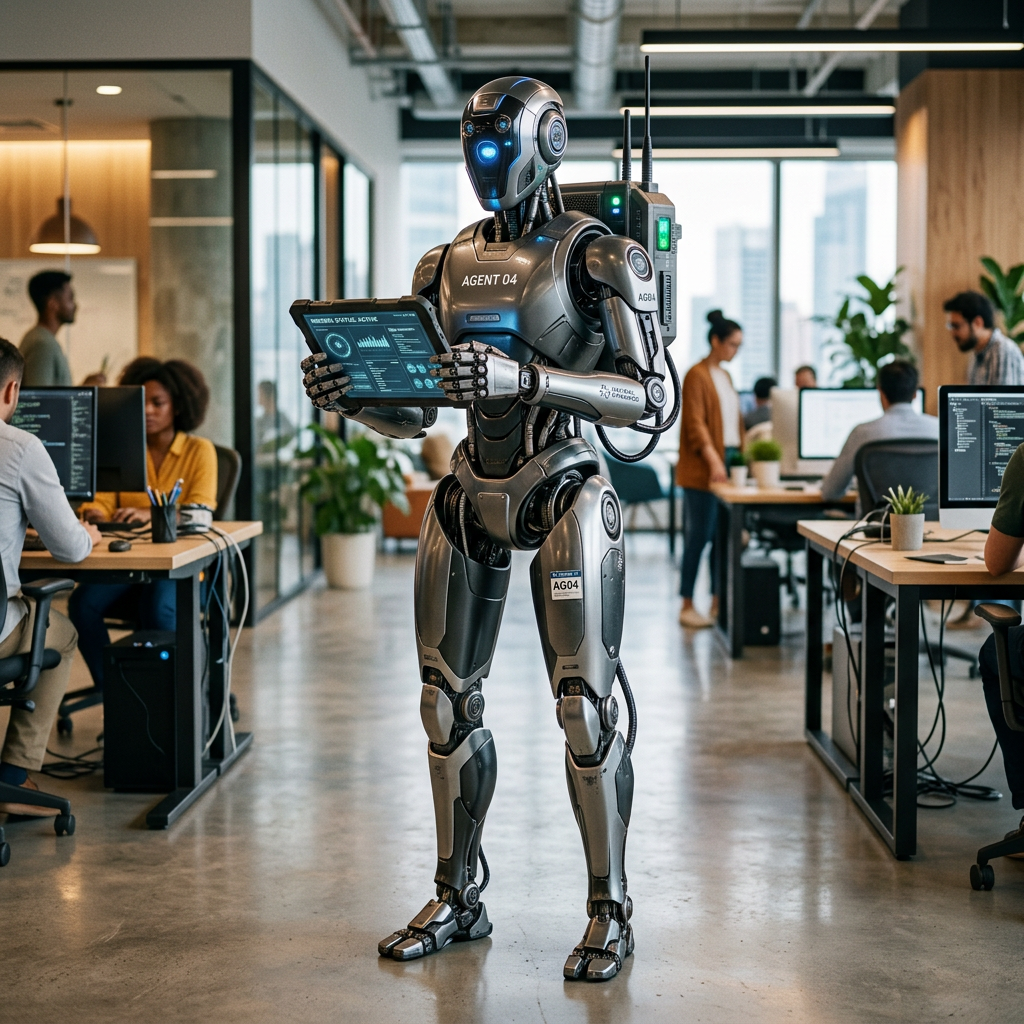 Humanoid robot holding a digital tablet in a busy modern office with people working at desks
